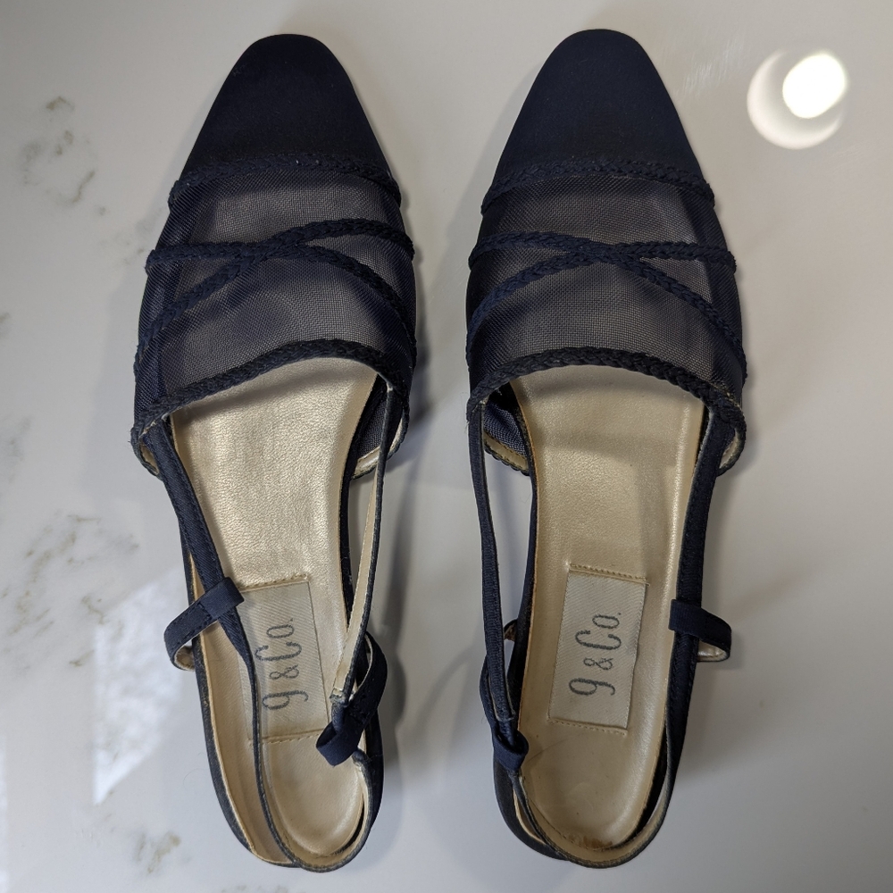 9&Co. Navy Blue Mesh Slingback Kitten Heels Leather Sole, Size 7.5 M